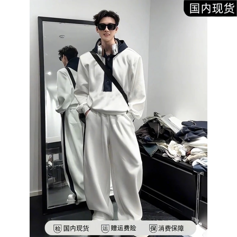 牛仔拼接连帽卫衣运动休闲套装男高级感一整套ootd穿搭秋季两件套