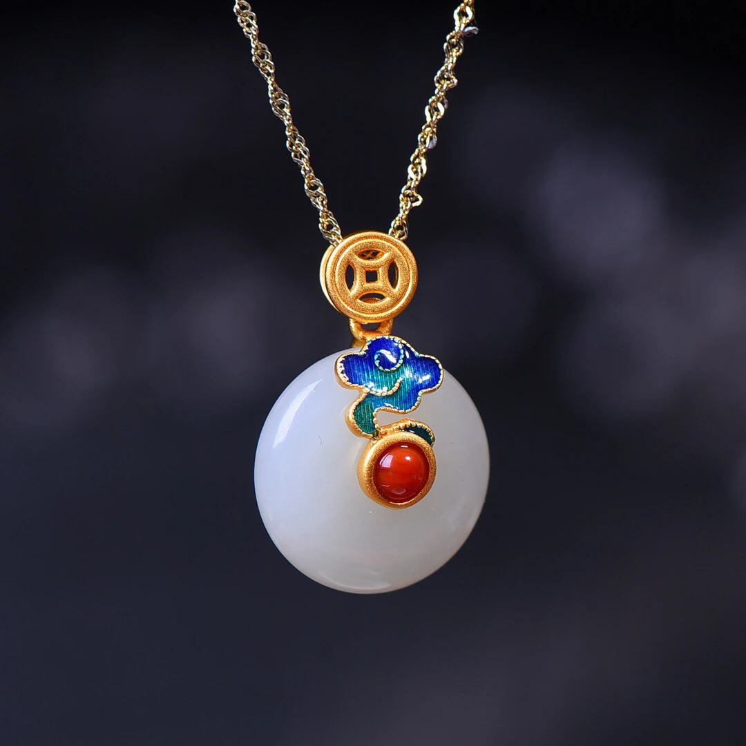 s925镶嵌古法银镶和田玉平安扣吊坠不含链配项圈26099