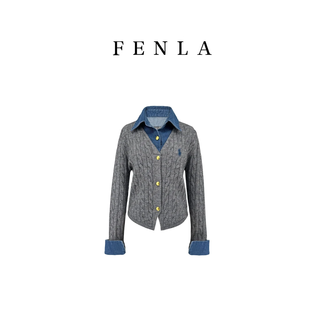 【惠姐私服】假两件牛仔拼接polo领长袖针织衫复古显瘦毛衣 83265