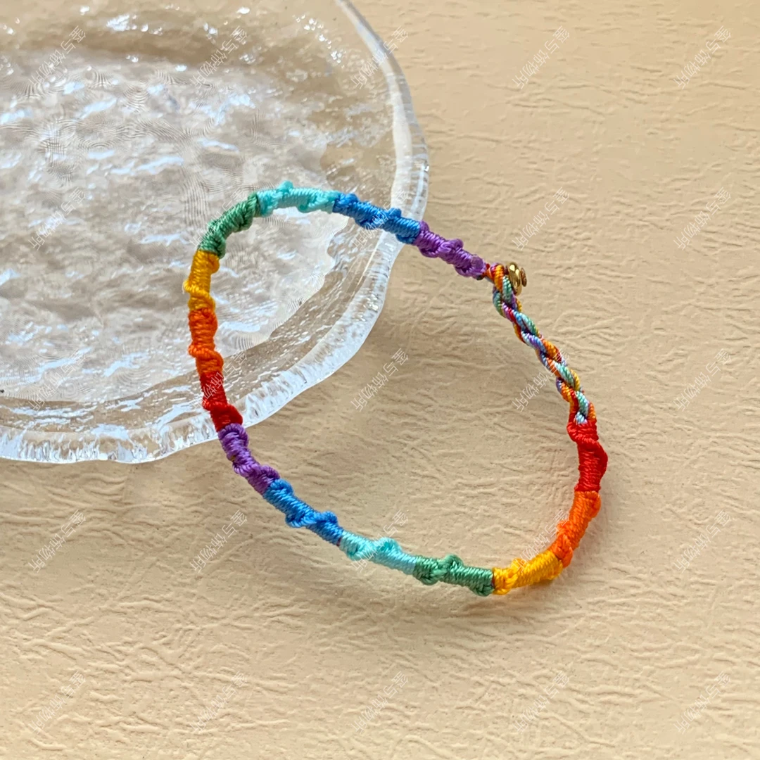 非金属布艺手链 〖JKS手工精编〗新款编织七彩彩虹ins拧扣手绳脚绳