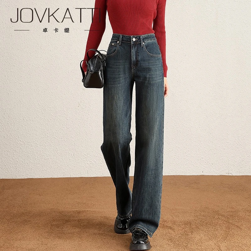 窄版阔腿牛仔裤女2025年新款复古高腰显瘦裤子女春秋款宽松直筒裤