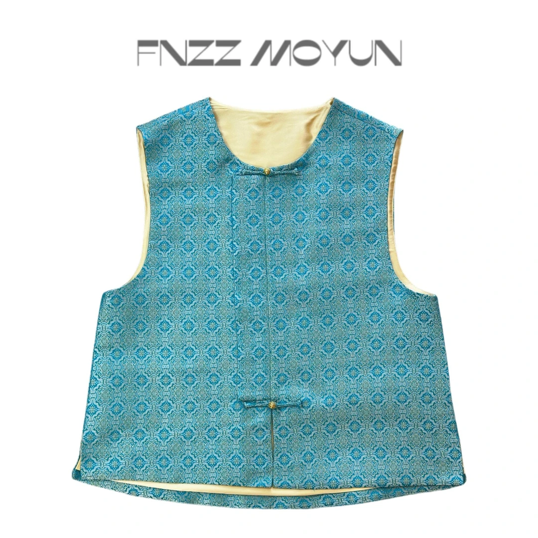 绿定胜纹老宋锦里外桑蚕丝新中式马甲盖襟圆领百搭设计款对花