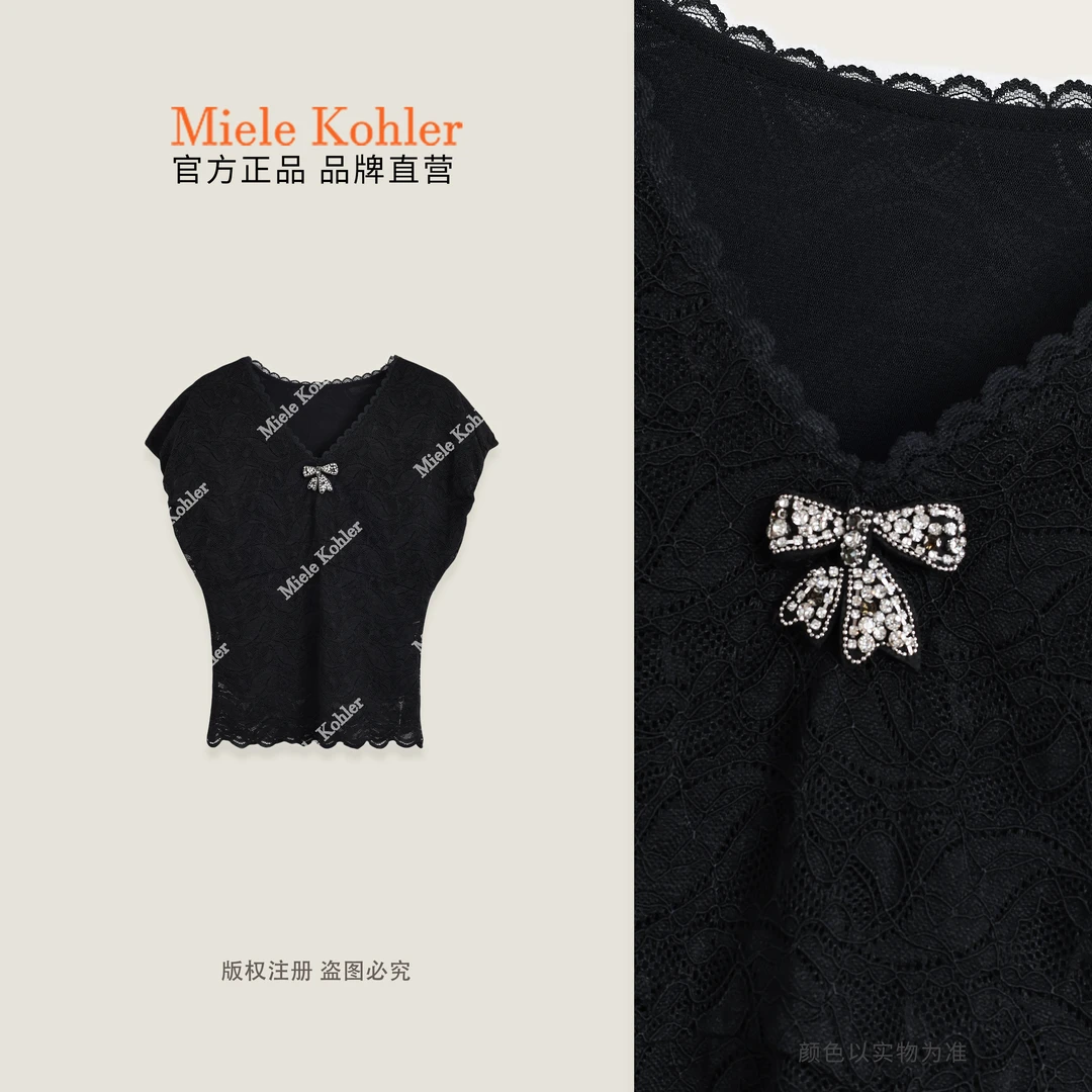 夏季新款重工镶钻蕾丝蝴蝶结V领小衫女MKAX85013【I澳门小源同款】