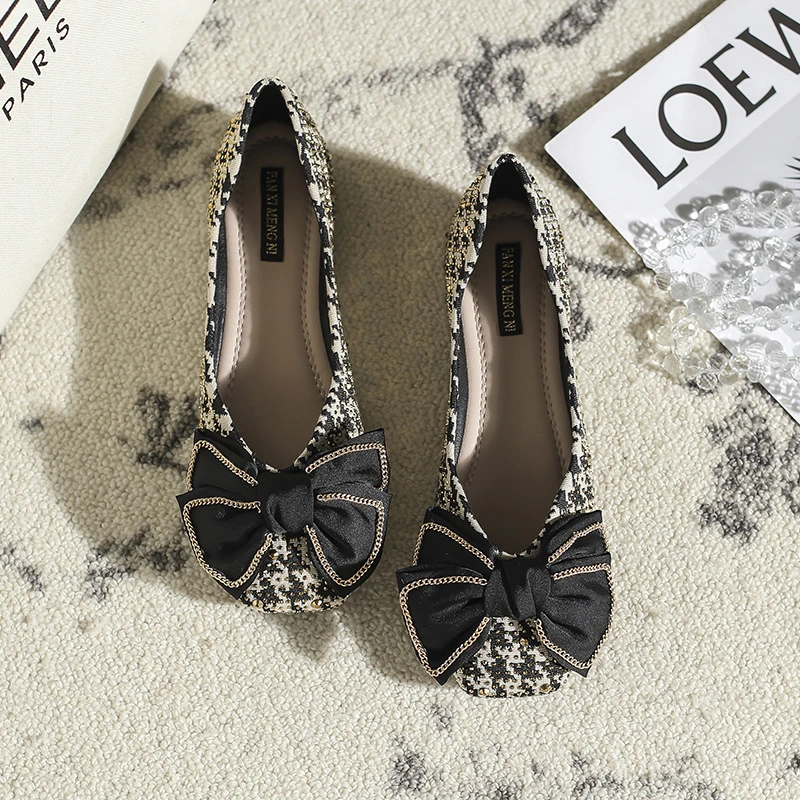 方头单鞋女平底春夏一脚蹬百搭蝴蝶结千鸟格软底浅口绒面豆豆鞋