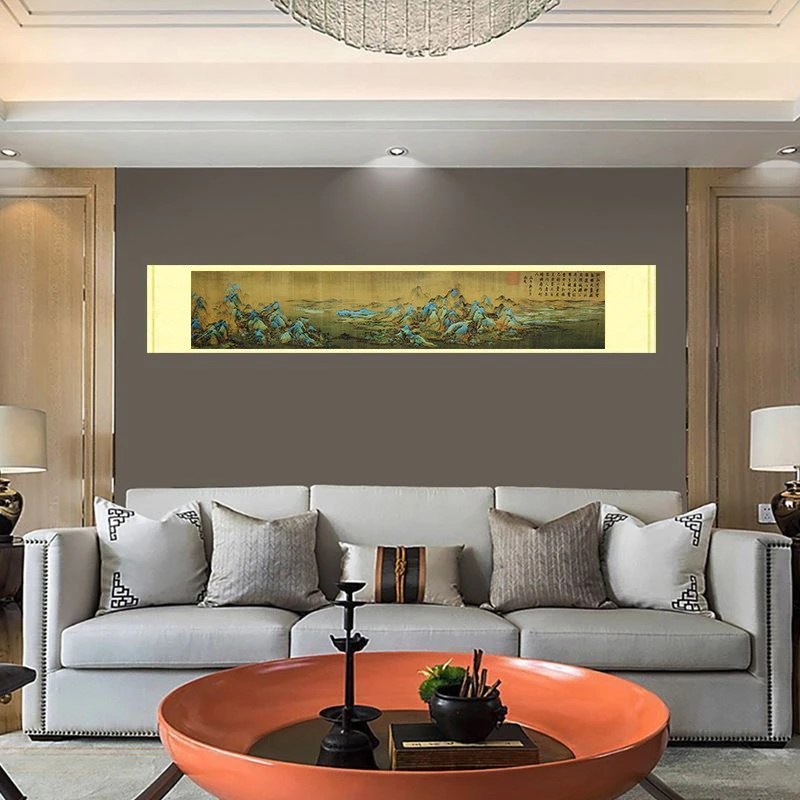 传统挂画-《千里江山图》-丈二横幅-绢本-客厅书房-山水挂画