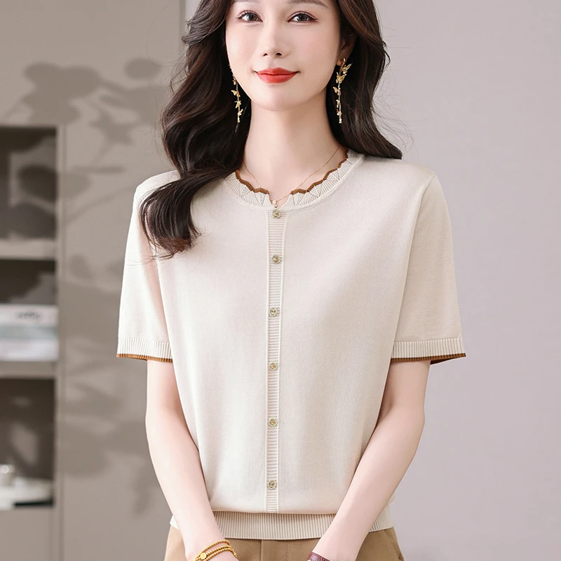 年轻妈妈短袖夏季上衣2025新款40岁中老年女装夏装冰丝针织T恤衫