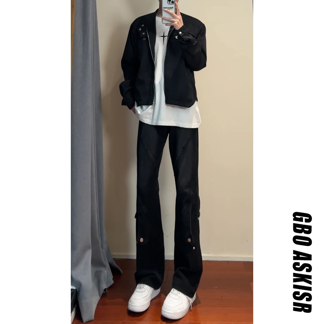 黑色弯刀牛仔裤男生秋季穿搭裤子美式高街设计感修身显瘦直筒裤子