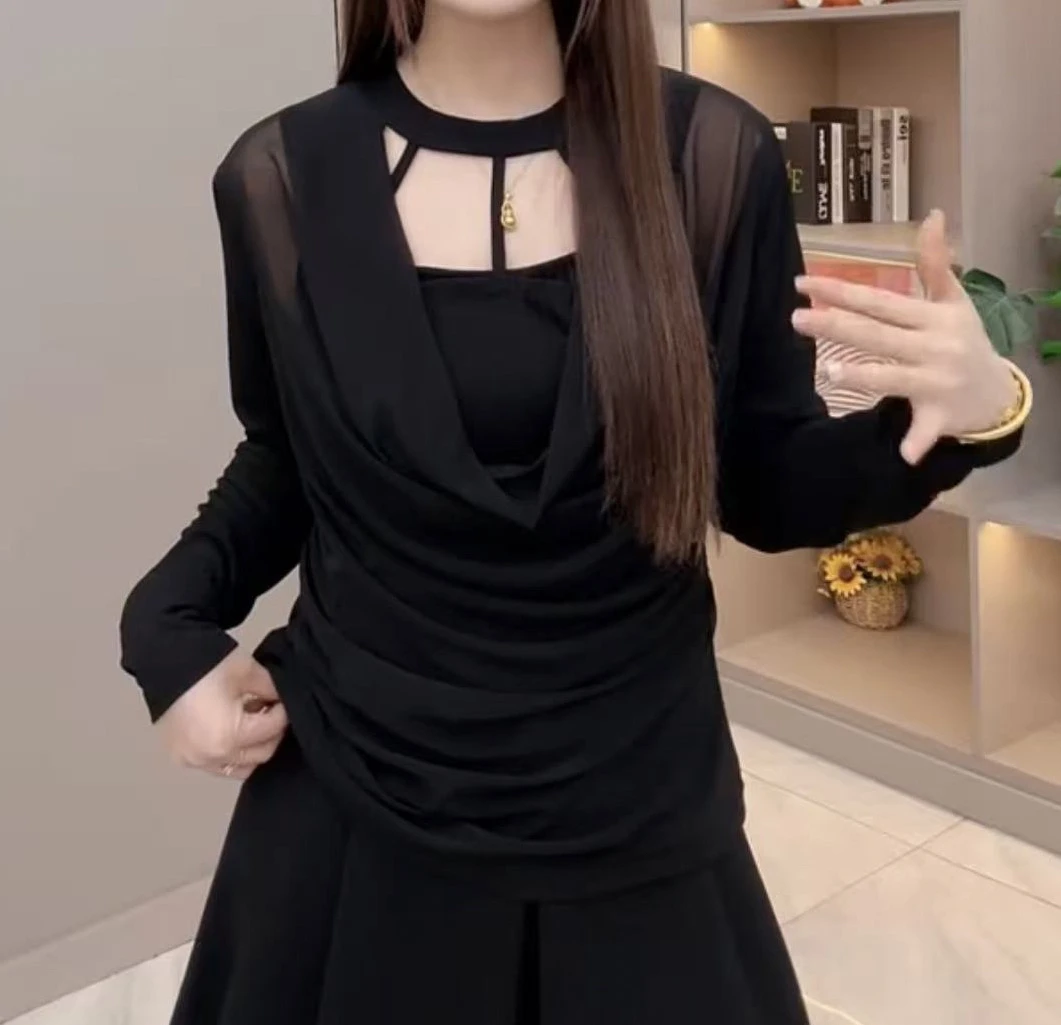 纯欲风设计感长袖T恤秋冬修身显瘦辣妹假两件打底衫上衣