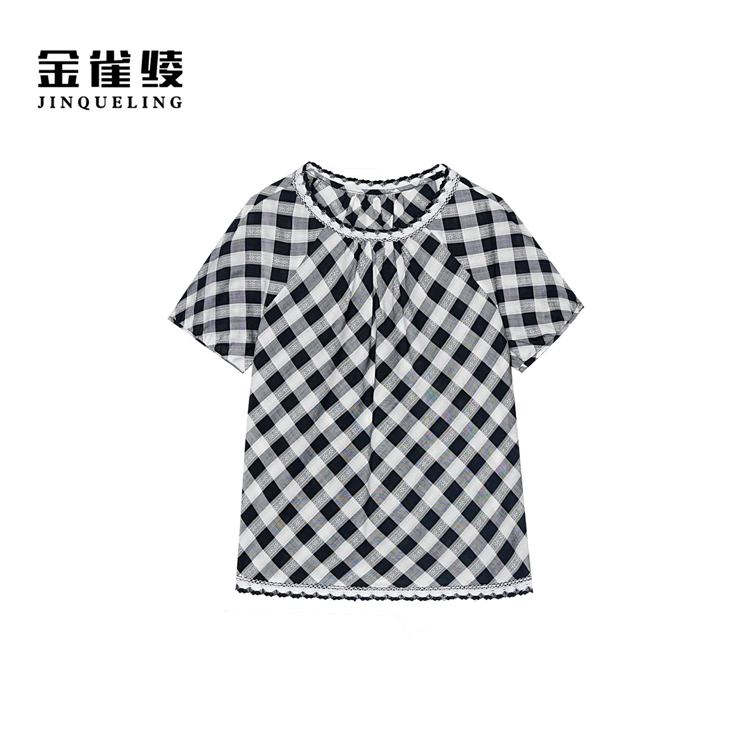 金雀绫【定格时光】设计师款黑白格纹显瘦加宽加大小衫SZA2S413