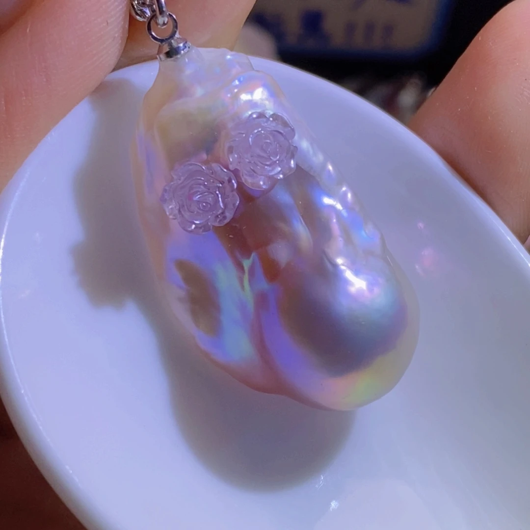 银S925镶嵌淡水珍珠天然珍珠无染色，无优化