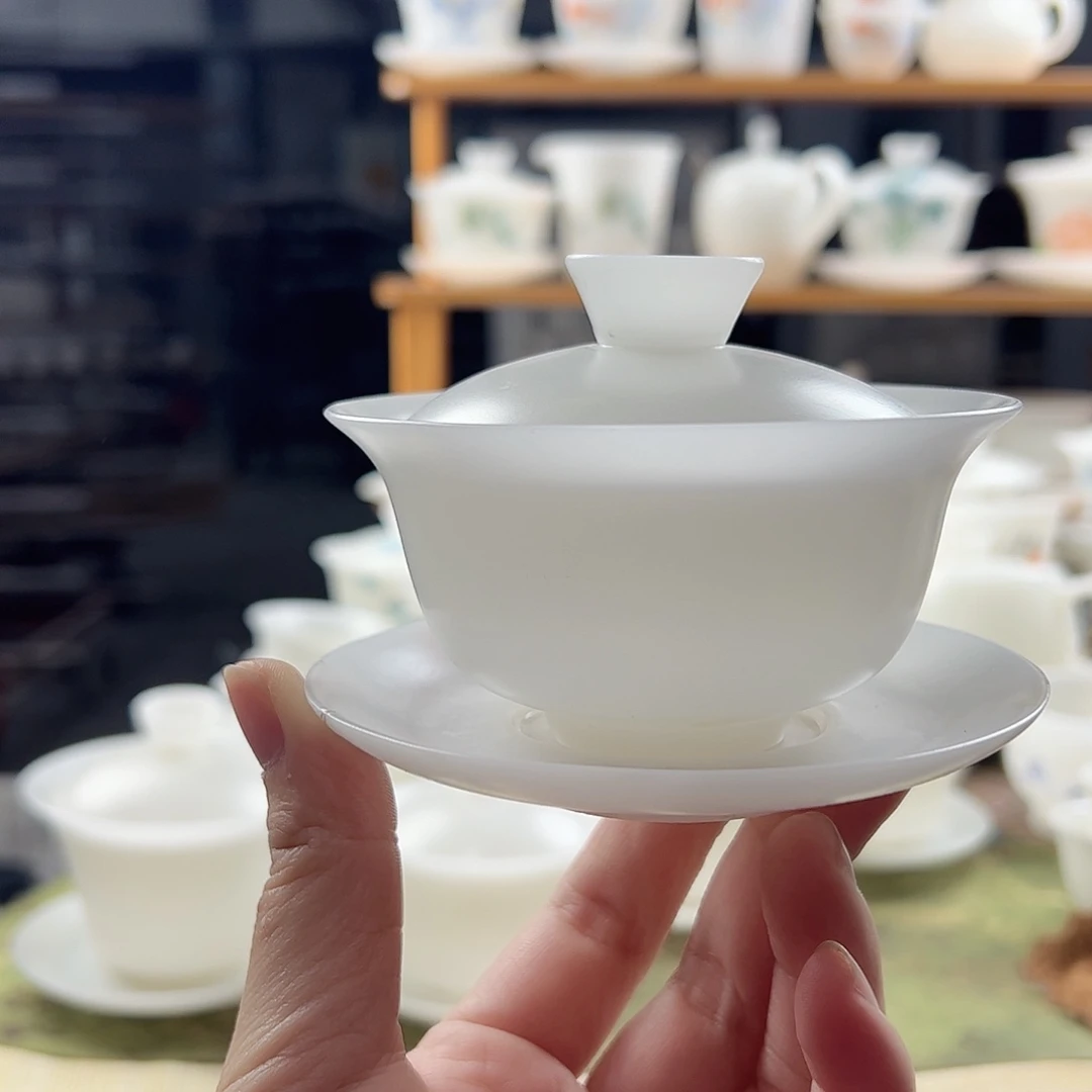 一***子素烧璞玉三才盖碗元宝满容130ml