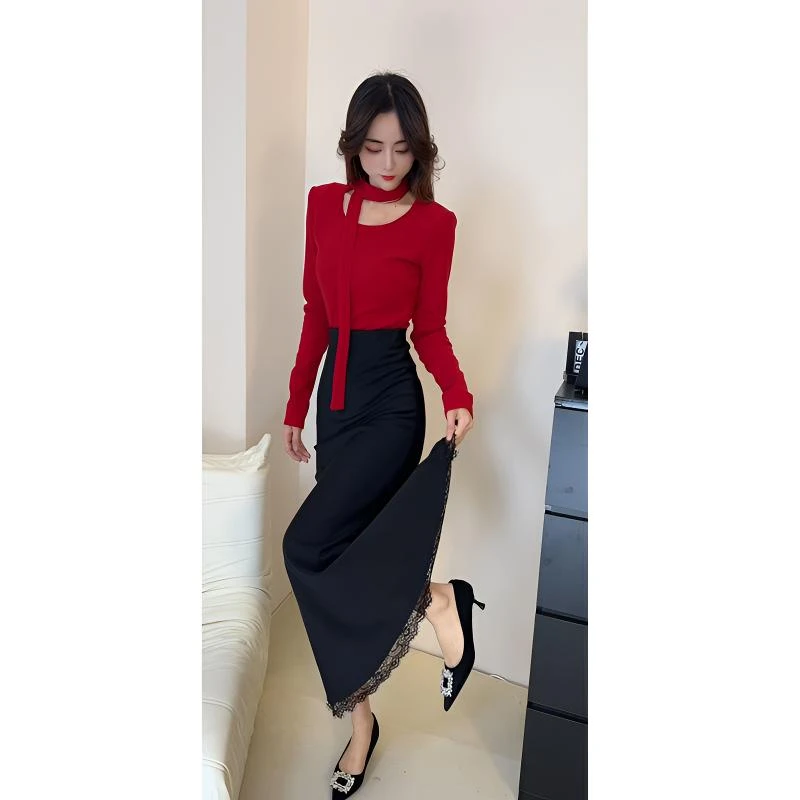 名媛风气质洋气圆领飘带打底衫上衣女中长款显瘦蕾丝鱼尾半身裙