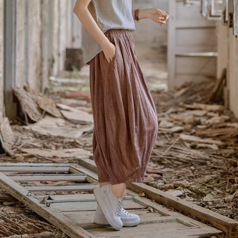 25夏棉麻女装亚麻扎染九分裤宽松显瘦复古文艺28片拼接女式阔腿裤