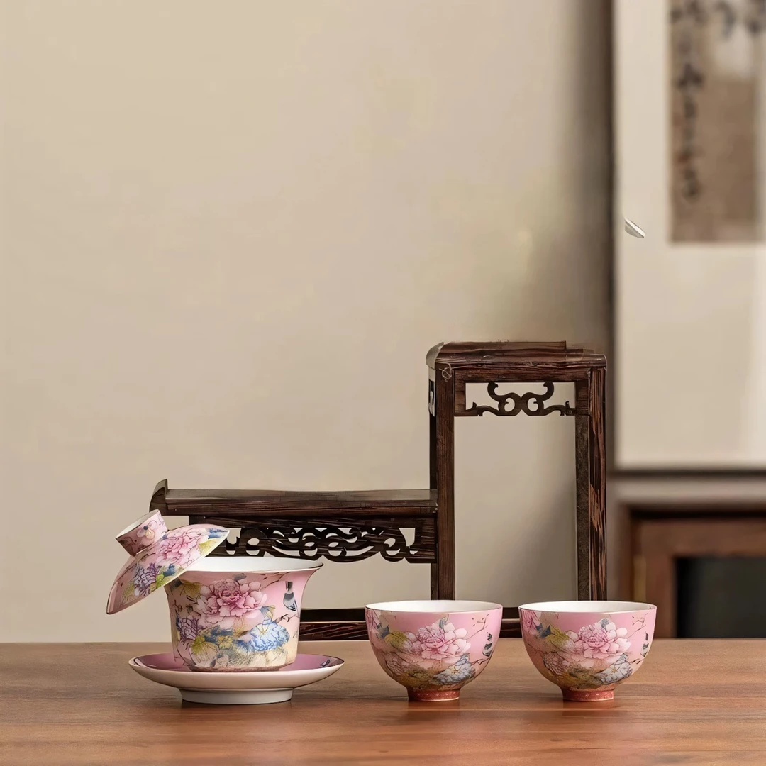 手工陶瓷高档家用悬停旋转三才盖碗泡茶器具中式茶具高端茶具茶杯