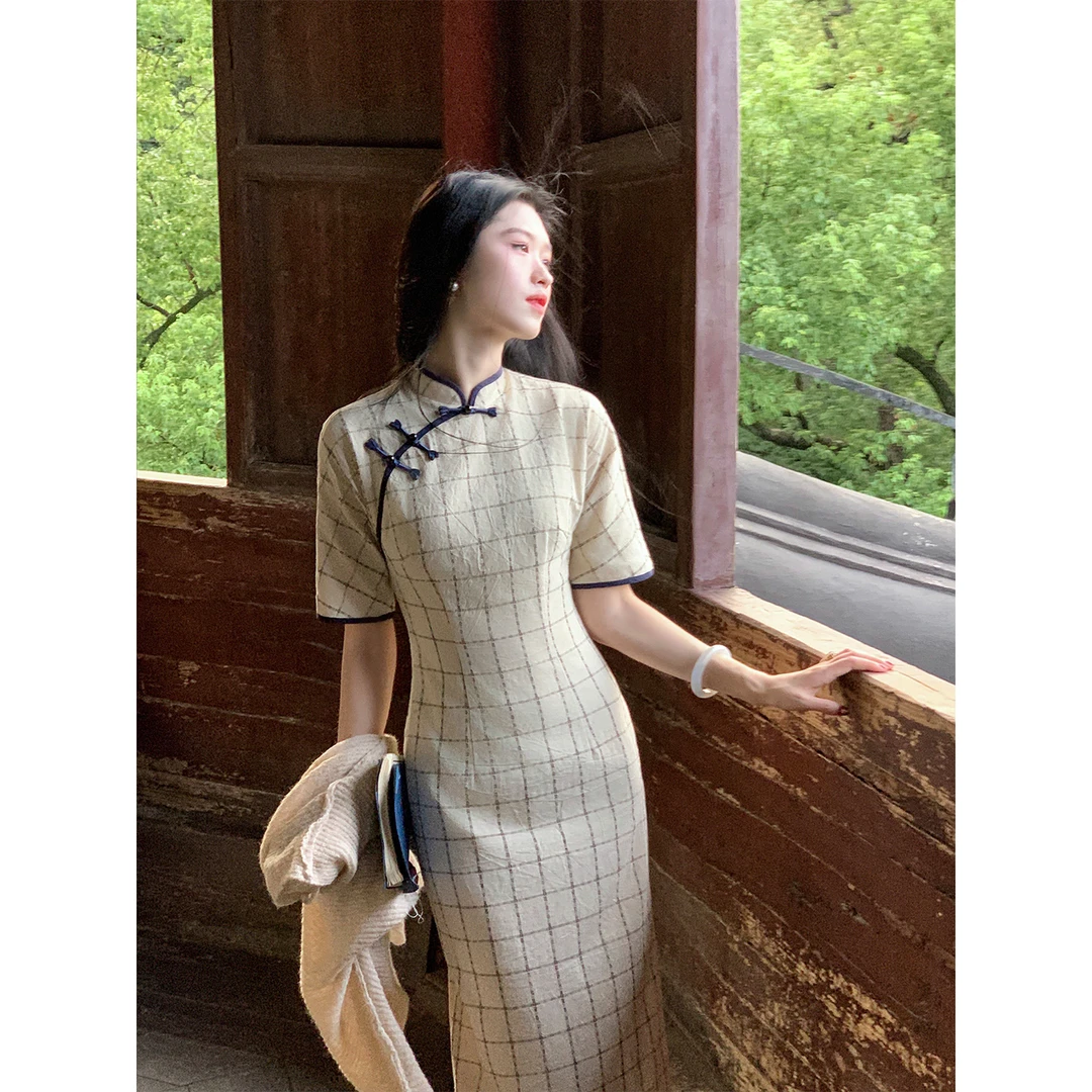 凌茜恣禾【砚方】国风新中式格纹复古旗袍领连衣裙气质改良旗袍裙