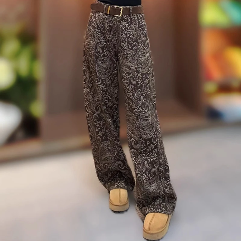 秋季时尚复古高腰腰果提花洋气宽松显瘦百搭直筒阔腿牛仔裤弯刀裤