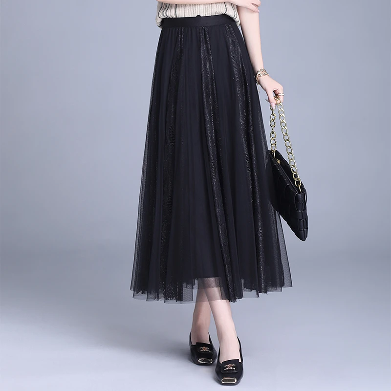 拉夏贝尔高腰显瘦网纱亮片半身裙2025春夏新款提花百褶裙中长伞裙