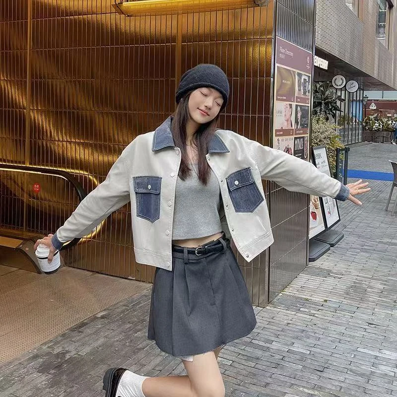 7012白色短款牛仔拼接皮衣外套女机车美式复古设计感小个港风夹克