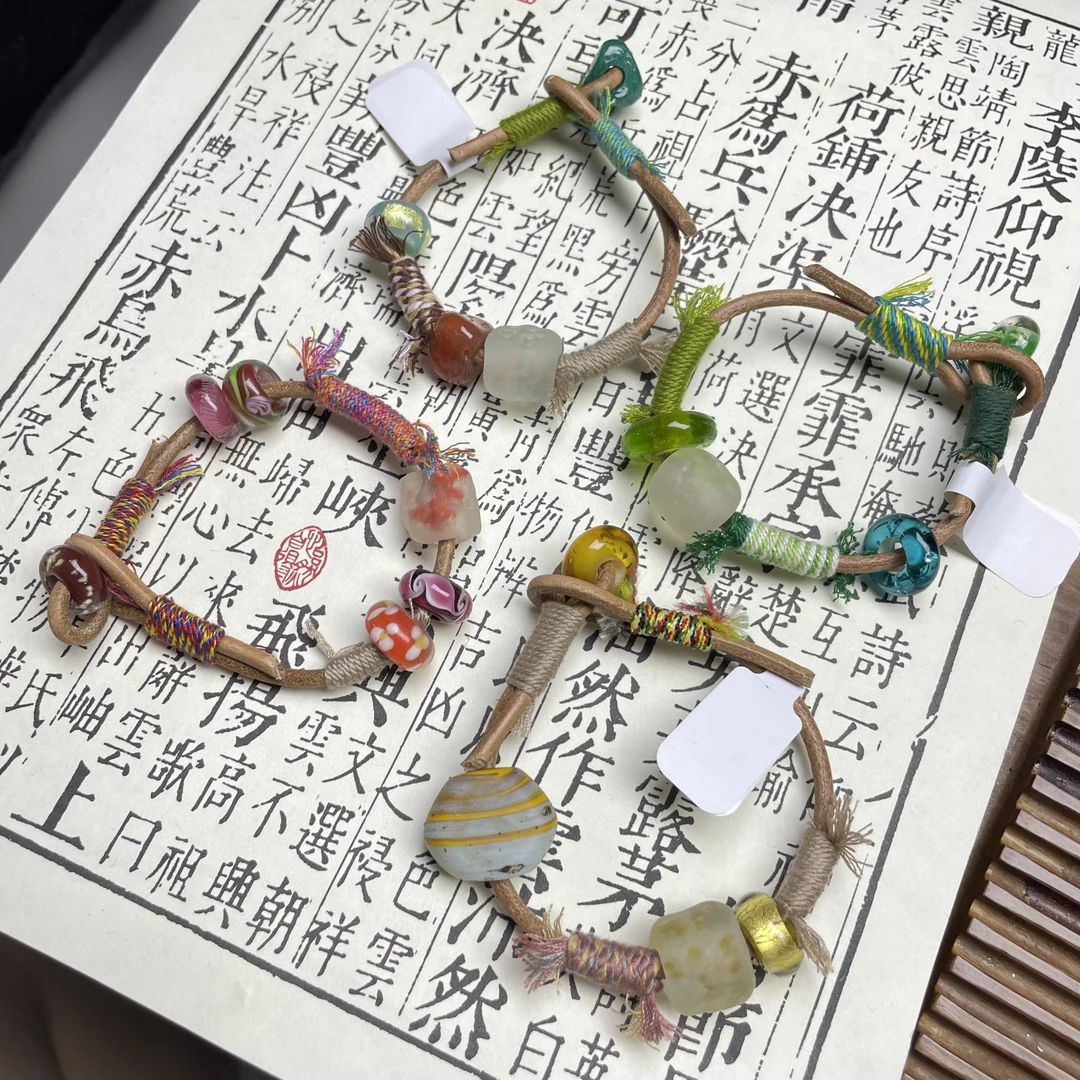手链 LZ7058彩色编织皮绳碎碎冰转转筒琉璃手链