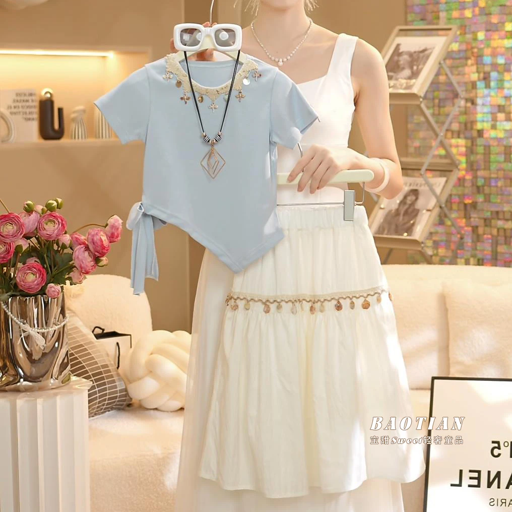 【宝甜】女童2025夏季新款宽松休闲儿童T恤+裙子套装-055