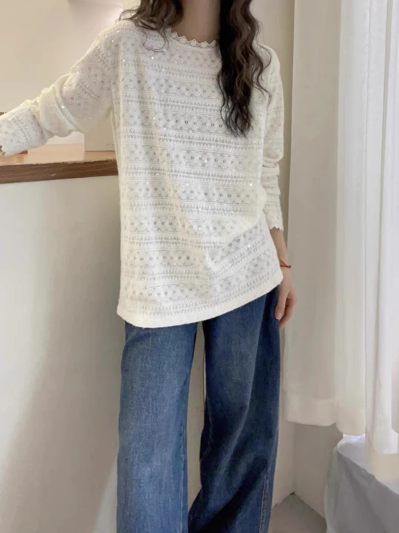 （正版）欧洲站2024冬装新款欧货洋气亮片镂空蕾丝长袖T恤