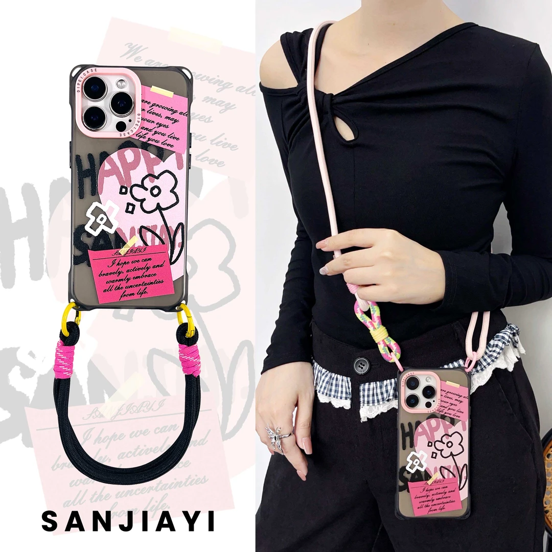 小众标签涂鸦四角带孔手机壳单肩可调节适用于苹果华为荣耀小米15