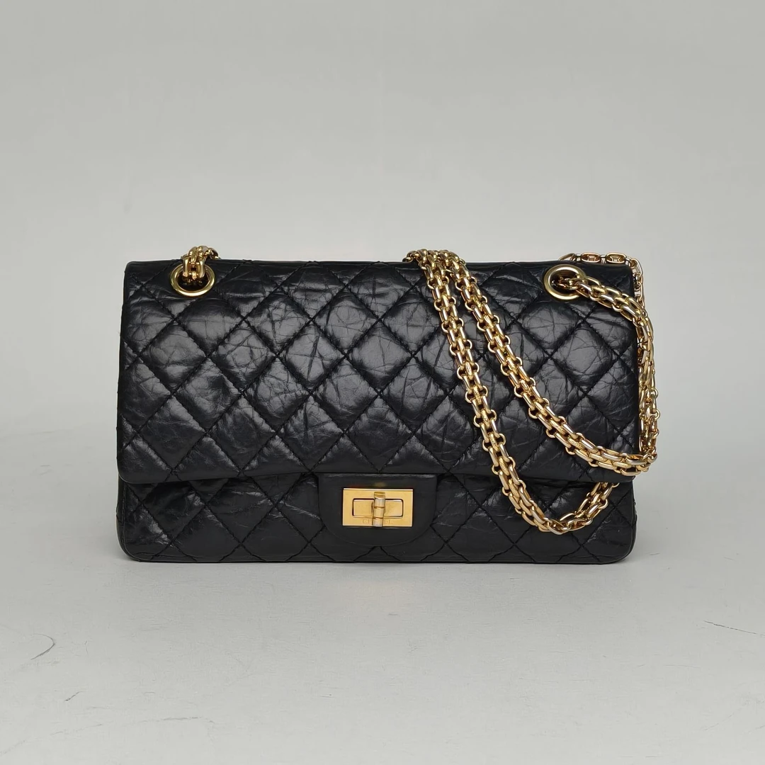 95新 Chanel/香奈儿 【黑黑】2.55 口盖包 小号 黑色 16开 金扣