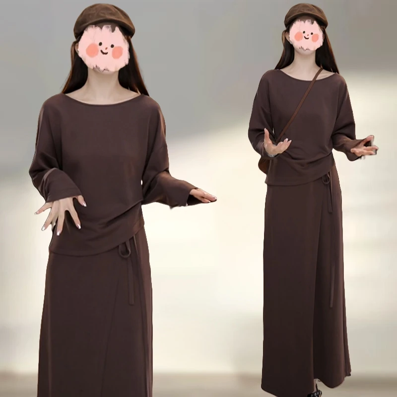 复古减龄时尚套装女春季新款显瘦圆领上衣+系带收腰半身裙两件套