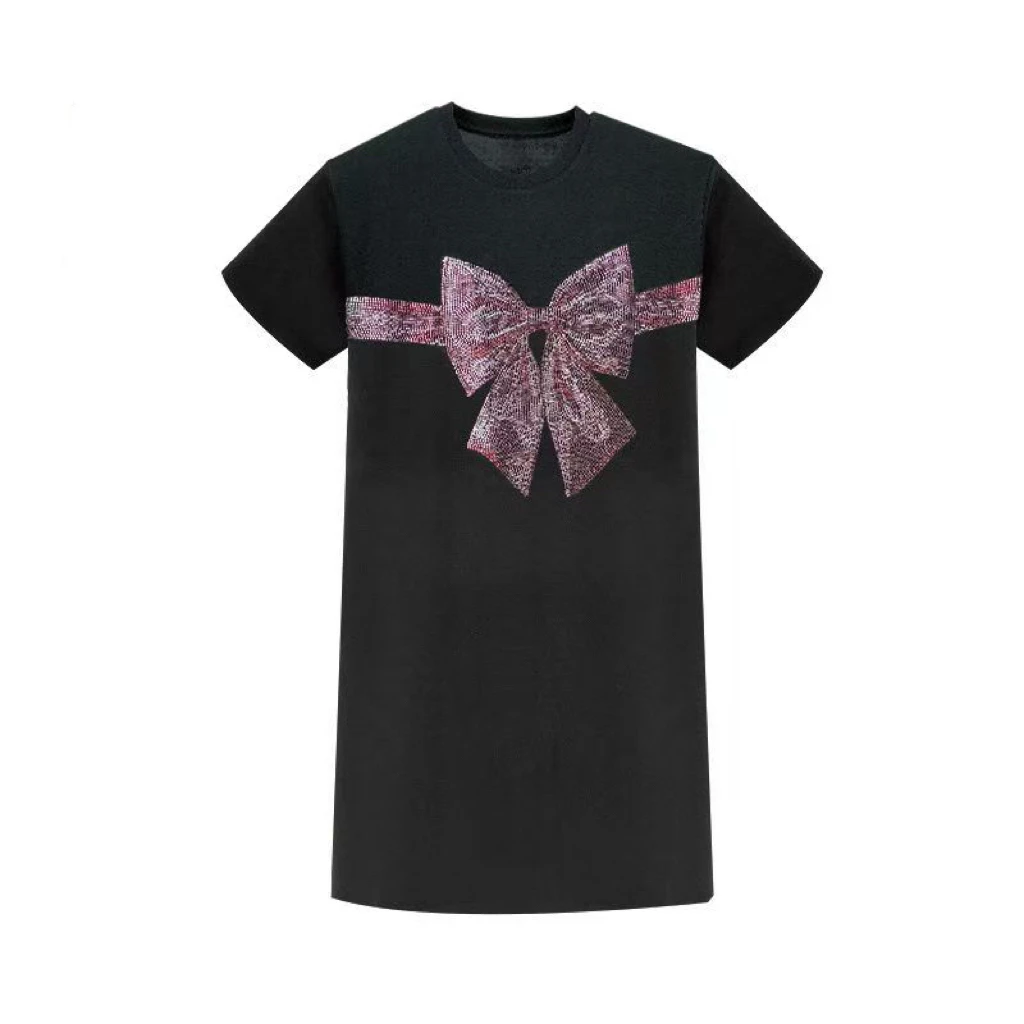 轻奢烫钻黑色大蝴蝶结时尚休闲黑色连衣裙女款