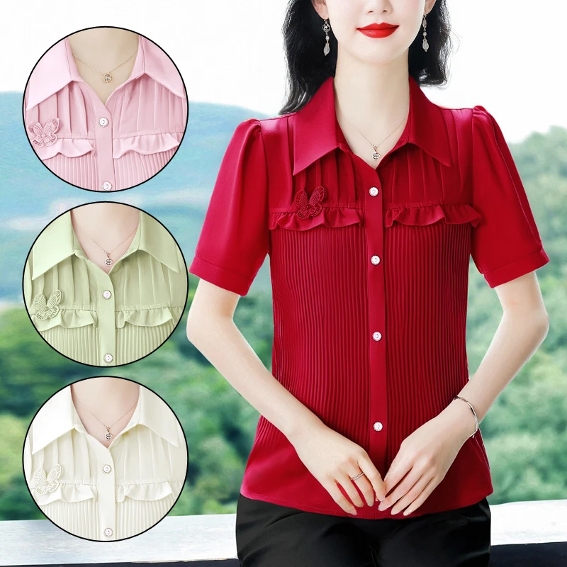 夏季新款开衫短袖时尚气质压褶百搭款上衣中年妈妈装显瘦雪纺衫
