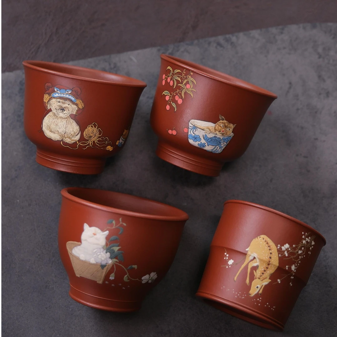 静心陶瓷朱泥主人杯可爱猫咪狗狗梅花鹿130cc精品实用泡茶杯家用
