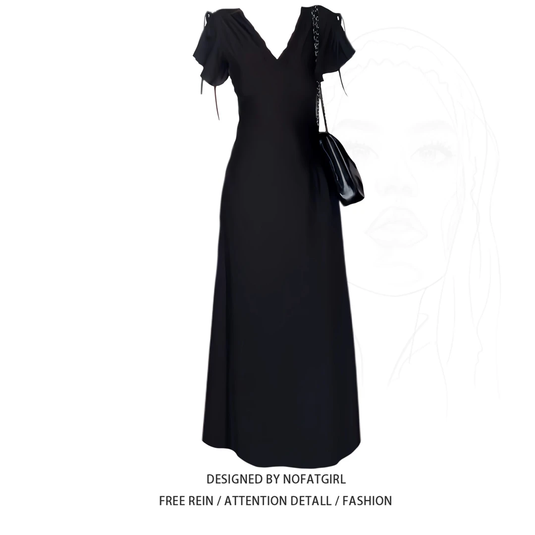 大码胖MM法式复古黑色V领连衣裙女夏季新款收腰显瘦气质a字长裙子