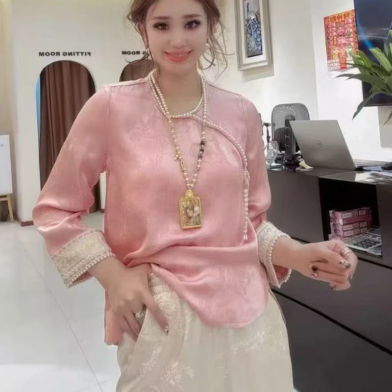 【西红柿】春季新款国风新中式打底衫钉珠斜襟拼接袖口衬衫女