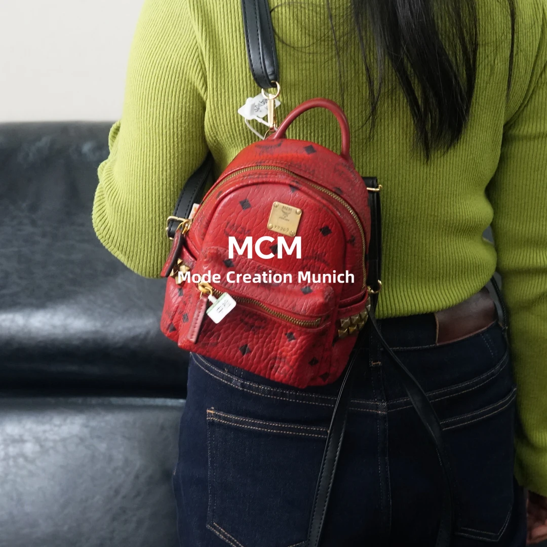 95新 MCM 红色双肩包/SD11502081/2081优