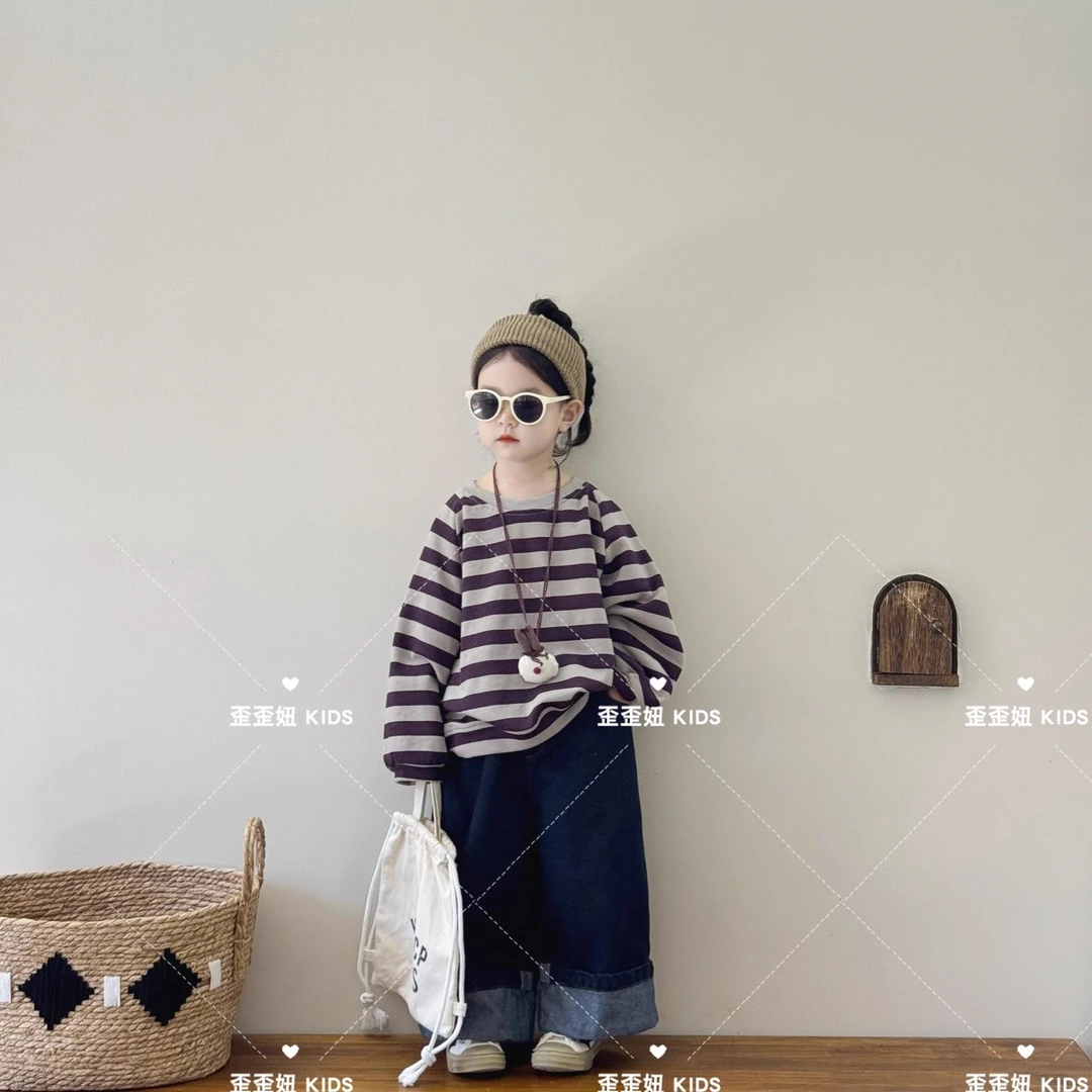 【歪歪妞童装】6612儿童复古条纹宽松圆领长袖卫衣