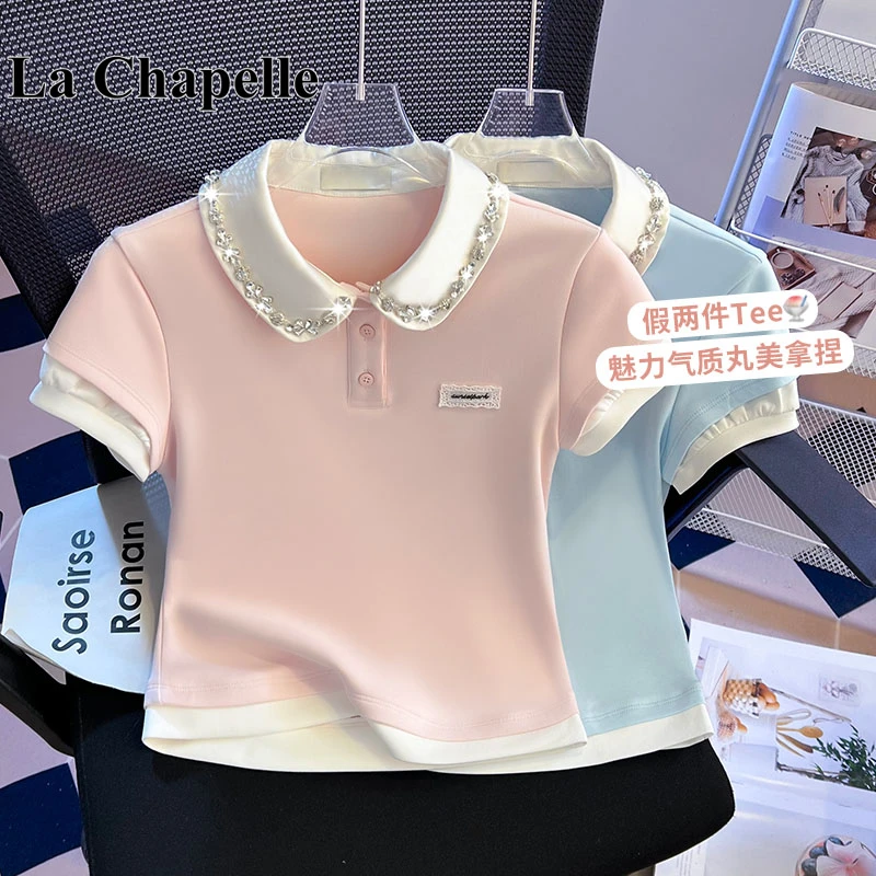 拉夏贝尔少女风拼接假两件镶钻短袖t恤女夏季修身显瘦polo衫上衣
