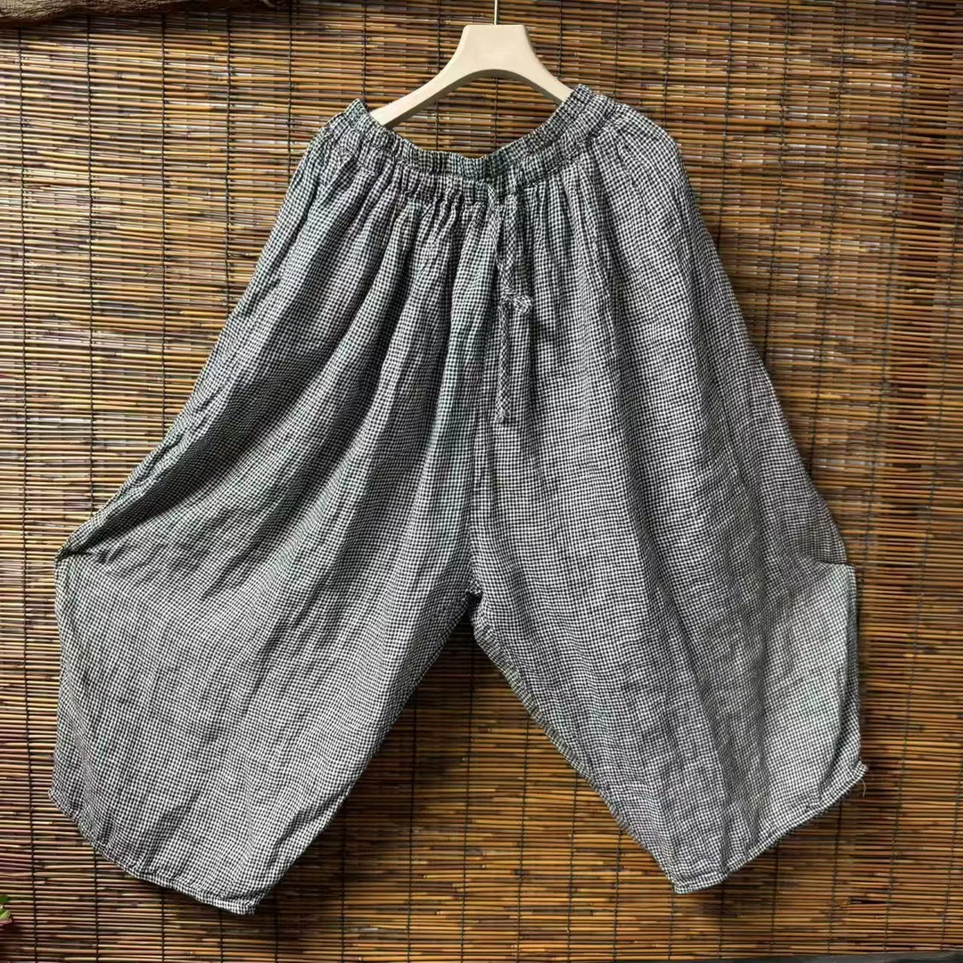 2025年新款裤女百搭复古时尚文艺松紧腰宽松格子阔腿裤