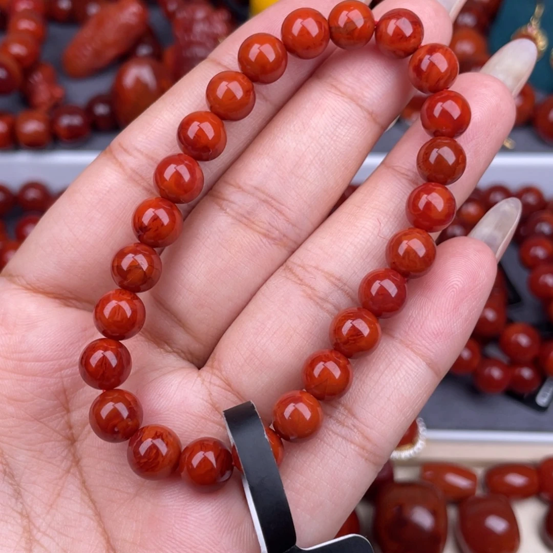 南红玛瑙未镶嵌其他天然南红）收藏品7.7mm九口玫红火焰纹满肉