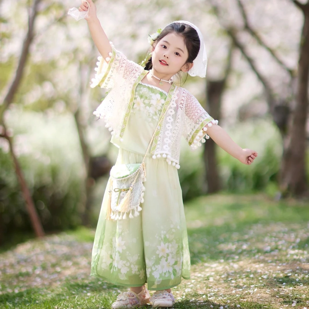 汉服女童2025夏季新款国风新中式三件套女孩印花儿童唐装超仙薄款