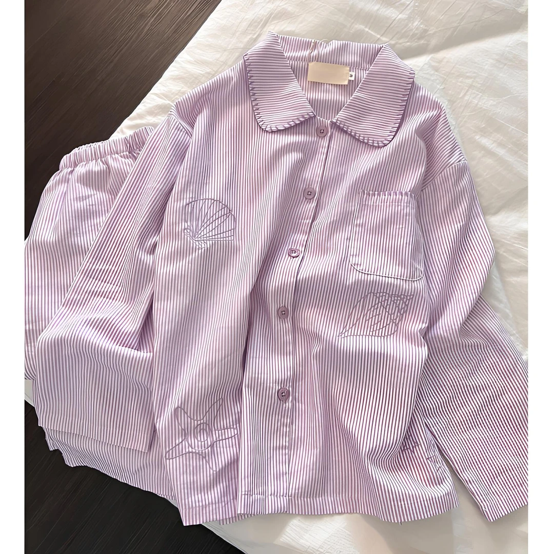 韩系刺绣贝壳海螺条纹印花睡衣女春秋新款长裤家居服套装可外穿