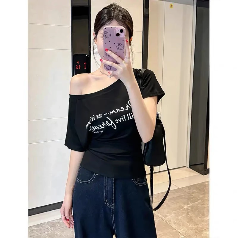 洋气短袖T恤女夏季新款时尚字母印花宽松斜肩一字肩显瘦百搭上衣