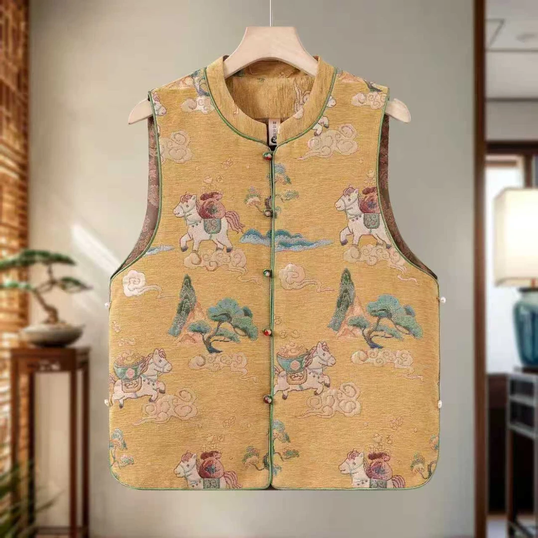 马踏春山S5562织锦山水骏马纹样藏雅致中式立领无袖设计马甲