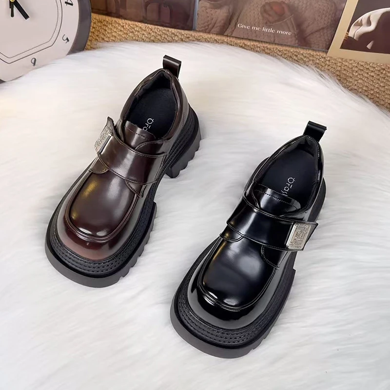 7CM厚底乐福鞋女2025春秋新款时尚英伦风小个子增高魔术贴小皮鞋