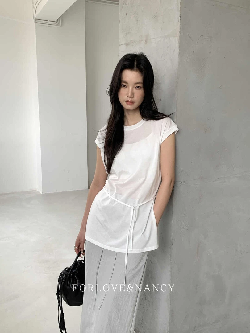 11702 简约圆领设计感绑带100棉无袖百搭T恤