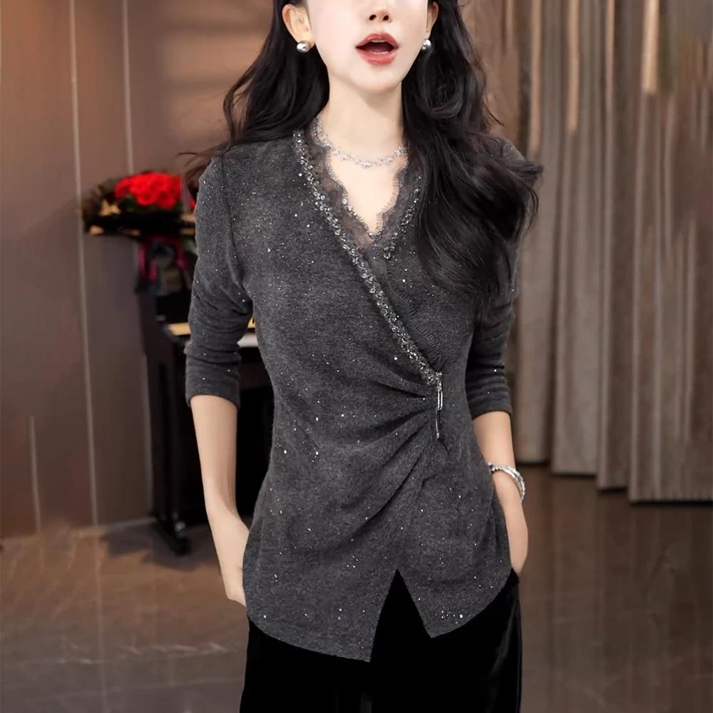 秋季灰色v领针织衫女慵懒高级感重工烫钻亮片掐腰显瘦毛衣上衣