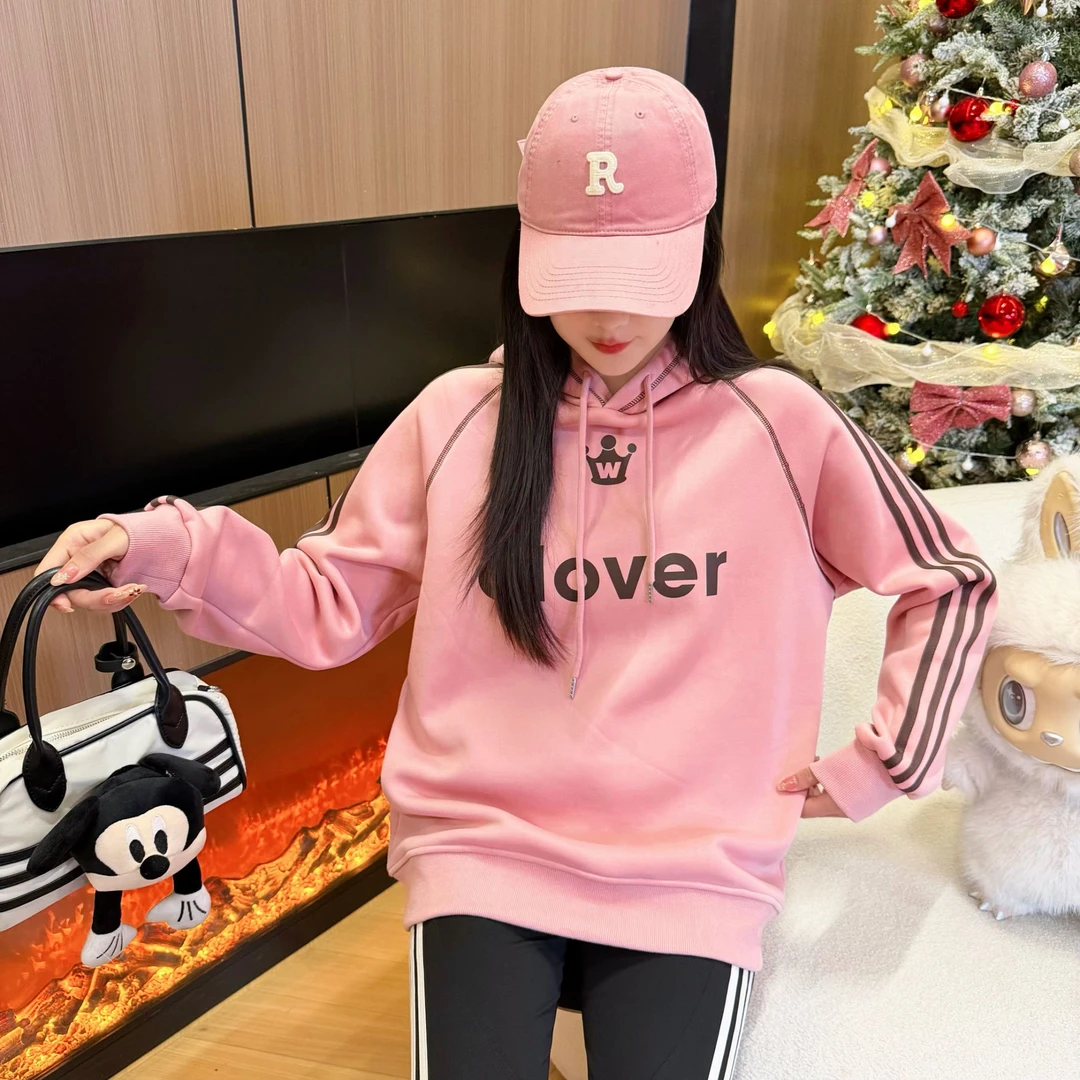 加绒【烟粉云霞】冬季洋气宽松韩版显瘦运动百搭连帽加绒卫衣09-1