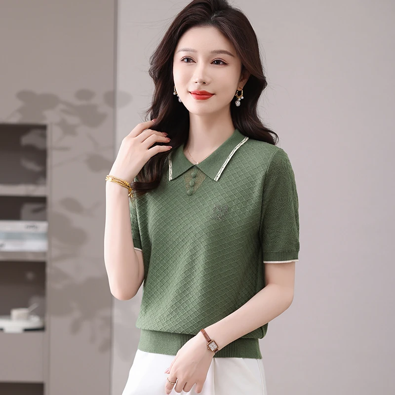 夏季100%天丝女士套头翻领宽松显瘦短款百搭外穿短袖针织衫