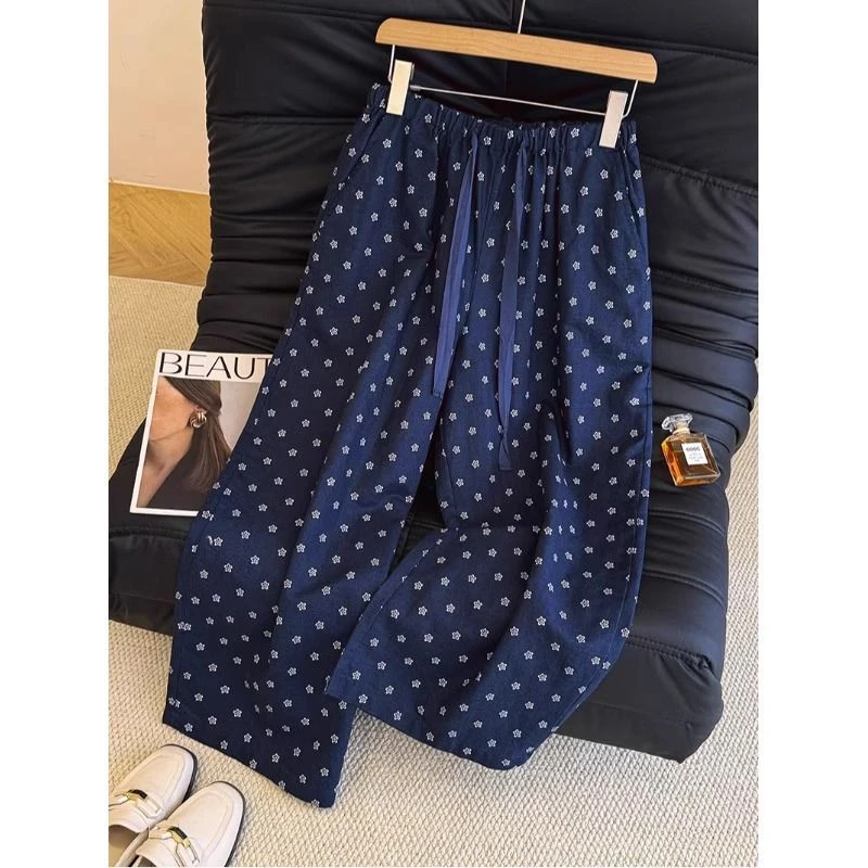 港式300斤特大码碎花设计感休闲裤初秋男女松紧腰复古洋气阔腿裤
