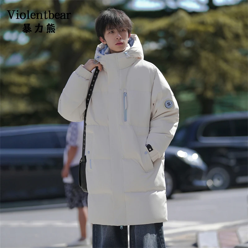 暴力熊冬季户外风连帽中长款棉衣男加厚保暖学院风时尚棉服外套男