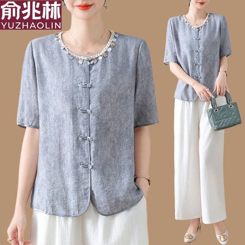 俞兆林俞兆林新中式妈妈夏装套装洋气衬衫中老年女装夏季短袖国风
